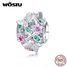 Pingentes wotsu prata 925 verdadeiro contas borboleta e flores, zircônia rosa compatível com pulseira ctc116 2024 - compre barato