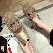 Women's shoes flat shoes new 2019 autumn metal buckle round head lamb hair plus velvet warm pumps 2024 - buy cheap