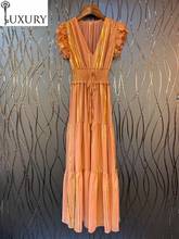 Listrado 2020 primavera dourado verão moda estilo feminino v-neck borboleta manga elástica cintura casual longo maxi vestido 2024 - compre barato