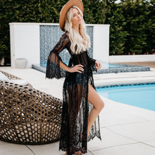 Women Sexy V Neck Hollow Perspective Beach Tunic Cardigan Lace Pareo Robe plage Black White Long Sleeve Cover Maxi Dress AQ93 2024 - buy cheap