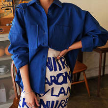 Женская свободная рубашка, Повседневная однотонная блузка из хлопка с длинным рукавом и двумя карманами, модель 1281 в Корейском стиле на осень 2024 - купить недорого