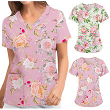 Care Nurse Tops Short Sleeve V-neck Rose Floral Pattern Print Nursing Tops for Women 2021 Casual with Pocket Uniforme Enfermera 2024 - buy cheap