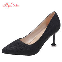 Aphixta 8cm saltos lantejoulas bombas sapatos mulher salto alto fino senhora sapatos festa oficial sexy bombas de lazer sapatos grande szie 43 2024 - compre barato