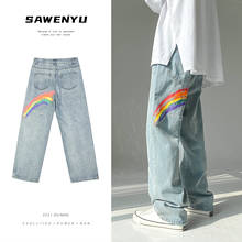Calça jeans masculina estampada em arco-íris, calça jeans solta grande casual feminina moda coreana 2021 para homens e mulheres 2024 - compre barato