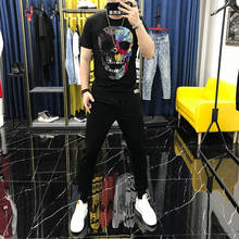 2021 Plus Size Clothes Skull Head Men's Sets Slim Short Sleeve Design Tracksuit Brand Hot Rhinestone T-Shirt + Pants 2024 - buy cheap