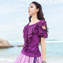 Free Shipping 2021 New Short Sleeve Purple And Black Shirt  Summer Tops S-XL Stretch V-neck Tees Ruffles Bandage Chiffon Cotton 2024 - buy cheap