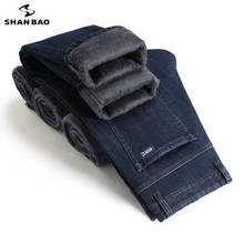 Зимние Брендовые прямые качественные флисовые теплые джинсы SHAN BAO, Классические деловые повседневные мужские эластичные толстые джинсы с высокой талией 2024 - купить недорого