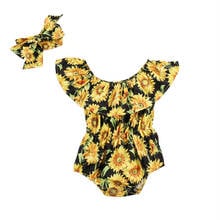 Newborn Infant Baby Girls Summer Lovely Pretty Bodysuit 2PCS Off Shoulder Short Sleeve Sunflower Print Jumpsuits+Headband 2024 - buy cheap