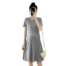 Одежда для беременных летнее хлопковое однотонное платье-футболка с круглым вырезом с коротким рукавом свободное стильное платье для беременных женщин платье для мам 2024 - купить недорого