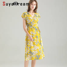 Suyadream vestido de verão feminino 100% natural seda crepe com cinto floral impresso envoltórios midi vestidos 2021 novo vestido de férias amarelo 2024 - compre barato