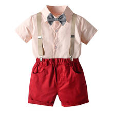 Conjunto de roupas de verão para meninos, trajes infantis, camiseta de manga curta com suspensórios, roupas para festa de casamento 2024 - compre barato