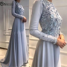 Blue Muslim Long Sleeve Evening Dress Lace Flowers Robe De Soiree Dubai Saudi Arabic Evening Gown Formal Dresses 2022 Prom 2024 - buy cheap