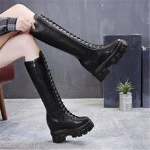 Woman Lace Up Booties Autumn Winter Warm Chunky Platform Leather Knee High Boots Women Punk Height Increasing Long Boots 34-39 2024 - buy cheap