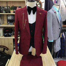 Moda borgonha ternos dos homens do casamento 3 peças feito sob encomenda melhor homem noivo terno smoking fino ajuste negócio blazer colete com calças conjunto 2024 - compre barato