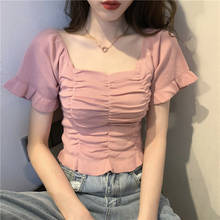 2020 Summer Solid Color Knitted Square Collar Slim T Shirt Women Short Sleeve T-shirt Women Tshirt Shirt Female Tops Tee Clothes 2024 - buy cheap