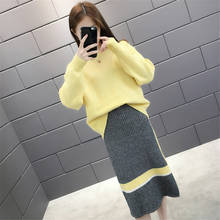2021Autumn Women's Two-piece Set Sweater Tops and Skirt Female Sweater Long Sleeve pullover Elegant Pack Skirt 2024 - buy cheap