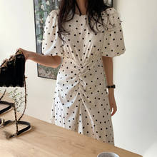 2021 Black White Dots Maxi Dress Women Korean Irregular Puff Sleeve O Neck Folds Long Dresses Vintage Female Summer Clothes Robe 2024 - buy cheap