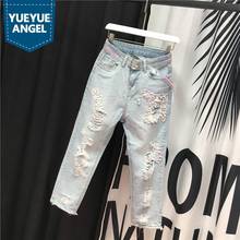 Euro Fashion Embroidered Flares Sequins Womens Denim Pants Spring Thin Hole Ripped Loose Ankle Length Female Straight Trousers 2024 - buy cheap