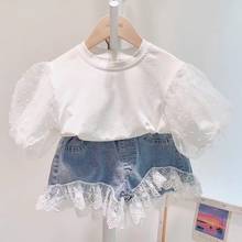 Summer Girls Clothing Sets Solid Puff Sleeve O Neck T-Shirt Tops + Denim Jeans Lace Casual Shorts Pants Children's 2Pcs Suits 2024 - buy cheap
