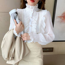 Camisa de renda de chiffon plissada coreana, elegante, doce, chique, manga bufante longa, blusa feminina, damasco, tops, colarinho, roupas 13433 2024 - compre barato