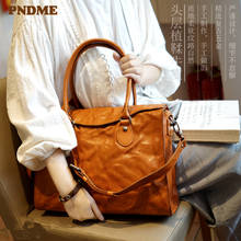 Pndme bolsa de couro genuíno de luxo feminina, bolsa de mão casual vintage de couro de vaca natural para laptop, bolsa mensageiro de ombro 2024 - compre barato
