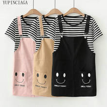 Summer 2  Piece Set Women Sweet Cute Smiley Pattern Bib Suspender Skirt + Striped T shirt Women two piece set Girls Strap Skirt 2024 - buy cheap