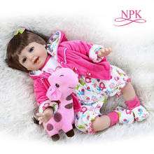 NPK 55CM lifelike reborn toddler baby girl doll with pink giraffe dress set Christmas gift long hair doll 2024 - compre barato
