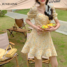 JuneLove amarillo-Vestido corto de manga corta con estampado Floral para verano, minivestido elegante con volantes para playa, estilo coreano, 2021 2024 - compra barato