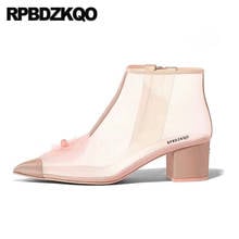 Zapatos rosa de malla corta gruesa para mujer, botines de talla 34, sandalias de tobillo de bloque de flor, botas con cremallera lateral de punta estrecha para verano 2024 - compra barato