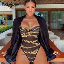 Dulzura Chain Print Women Strap Bodysuit Mesh Sheer See Through Bodycon Sexy Streetwear Party Club 2021 Summer Body 2024 - buy cheap