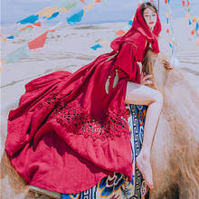 Spring Autumn Long Maxi Dress Women Vintage Bohemian Ethnic Style Lantern Sleeve Hollow Out High Slit Red Cotton Linen Dress 2024 - buy cheap