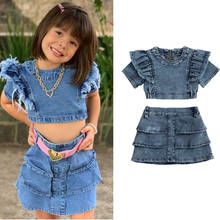 Conjuntos de roupas de verão para meninas 1-6 anos, conjuntos com duas peças, blusa jeans plissada sólida + saia jeans, fantasia, roupas para crianças 2024 - compre barato