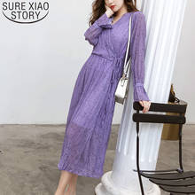 2021 New Fashion Hong Kong Style V-neck Vintage Women Dress Dot Print Pleated Long Sleeve Women's Midi Dresses Clothing 8558 50 2024 - buy cheap