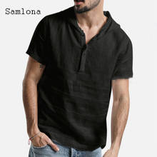 Мужская модная льняная рубашка Samlona, модель 2021 года, толстовка, топы, Сексуальная мужская одежда, Летние повседневные пуловеры, черная, белая мужская блузка 2024 - купить недорого