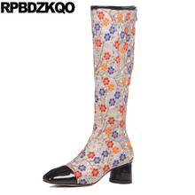 Botas gruesas de charol para mujer, zapatos altos de diseñador, de lujo, a la moda, con punta cuadrada hasta la rodilla, color blanco, adornado, otoño e invierno, 2021 2024 - compra barato