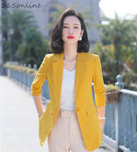 Chaqueta de estilo elegante para mujer, chaqueta de media manga amarilla, ropa de trabajo de negocios, Tops de estilo OL, primavera y verano 2024 - compra barato