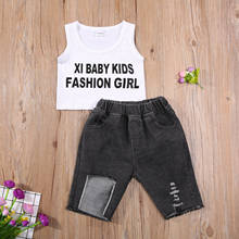 Summer Kids Girls Vest and Shorts Suit Fashion Letter Sleeveless Tops Ripped Denim Short Pants Set for 3-15 Years Girl Clothes 2024 - buy cheap