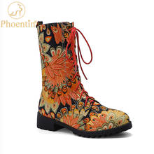 Phoentin-botas con estampado de flores para mujer, zapatos de tacón bajo con cordones, de media caña, a la moda, talla grande, 2020, FT1120 2024 - compra barato