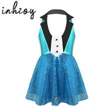 Kids Girls Jazz Dance Dress Shiny Sequins Halter Lapel Neck Ballet Gymnastics Dress Children Stage Performance Tap Dance Costume 2024 - buy cheap