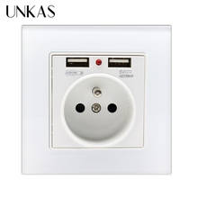 UNKAS 2.1A Dual USB Socket Charger Port for Mobile French Standard 16A Wall Power Socket White Crystal Glass Panel Outlet 2024 - buy cheap