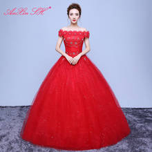 AXJFU princess little flower red lace wedding dress vintage turkey boat neck beading crystal flower white rose wedding dress 2024 - buy cheap