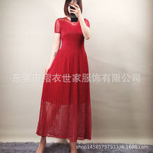 HOT SELLING Fashion Miyake fold solid  dress short sleeve  o-neck BEADING  Mesh A-Line dress  IN STOCK 2024 - buy cheap