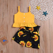 Pudcoco Toddler Baby Girl Clothes Sleeveless Strap Crop Ruffle Tops Sunflower Print Short Pants 2Pcs Outfits Clothes Summer 2024 - buy cheap