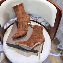 Camurça marrom tornozelo boot apontou toe salto alto primavera outono curto bootie saltos finos deslizamento-on vestido de festa sapatos do navio da gota 2024 - compre barato