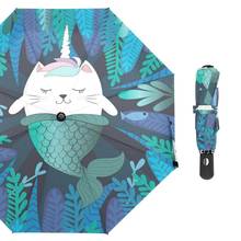 Автоматический зонтик от дождя с единорогом, котом, русалкой, морскими водорослями, женский портативный водонепроницаемый зонтик, Ветрозащитный складной зонтик для детей 2024 - купить недорого