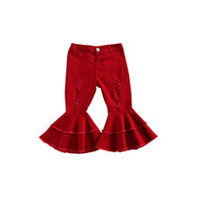 Kids Flared Jeans Solid Color High Waist Pants Ripped Trousers Close-Fitting Pants for Girls, Red/Orange 2024 - buy cheap