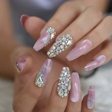 Bling Jewelry Ballerina Coffin False Fake Nails 3D Marble Pink Glossy Extra Long Pointed Press On Salon Party Wear Nail Tips 2024 - buy cheap