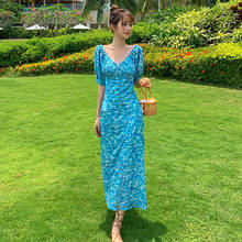 Blue Long Summer Women Dress Elegant Vintage Print Party Night Maxi Runway Vestidos Slim Tropical Vacation Dress Korean 2022 New 2024 - buy cheap