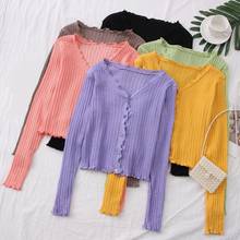 Autumn Summer Korean Cardigan Women Solid V-Neck Long Sleeve Knitted Sweater Female Ruffles Cardigans Women Coat Ladies Tops 2024 - buy cheap