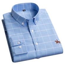 Aoliwen novo 100% algodão oxford azul xadrez camisa de manga longa dos homens na moda negócios casual wear resistente respirável magro ajuste camisas 2024 - compre barato
